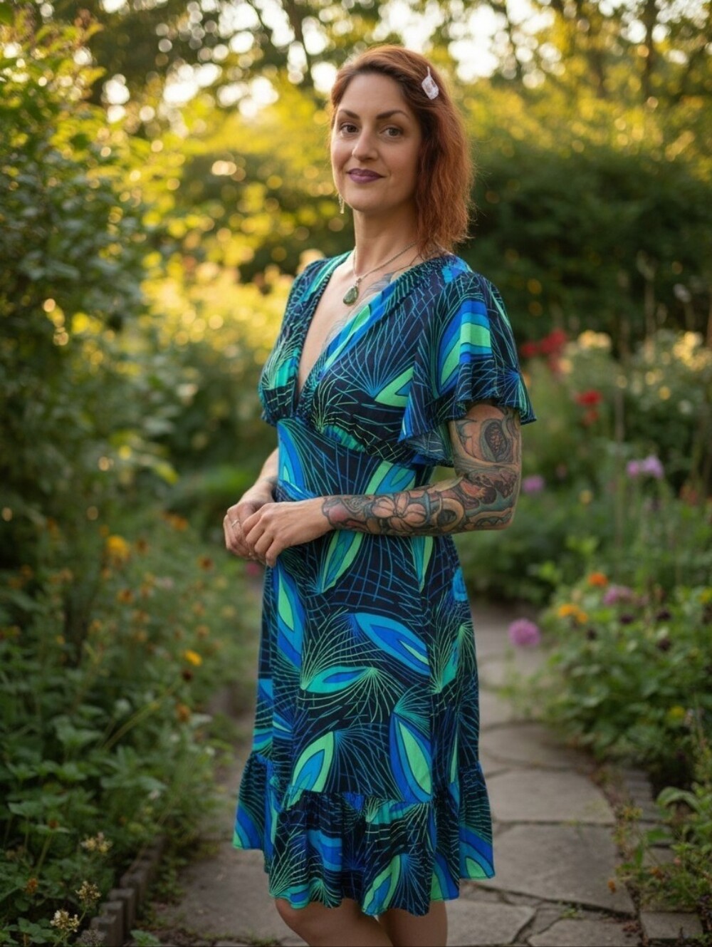 Trashy Diva Deco Peacock Flutter Sleeve Dress Art Deco Feather Print Women Sz 6